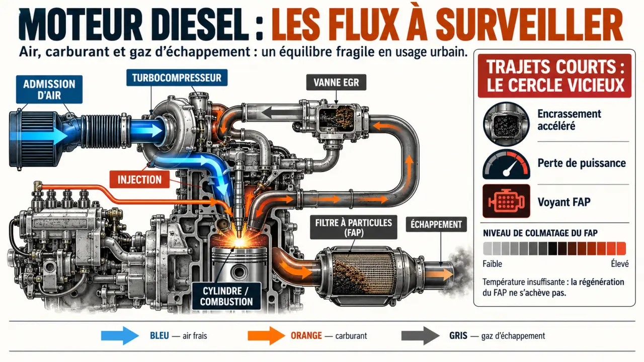 Infographie sur l'entretien voiture diesel et les relations entre injection, vanne EGR, turbo et FAP