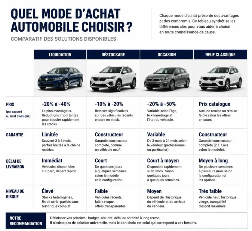Tableau comparatif liquidation voiture invendue vs déstockage, occasion et neuf classique