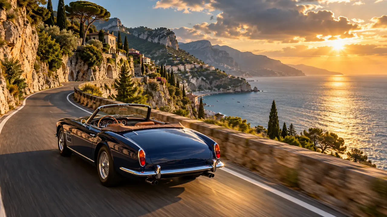 Voiture de grand tourisme sur une route côtière au coucher du soleil