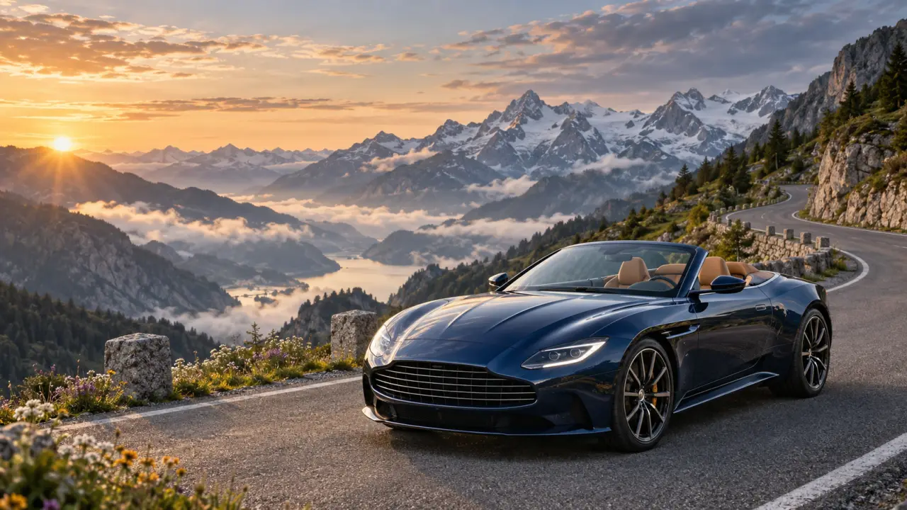 Voiture de prestige sur une route sinueuse dans les Alpes