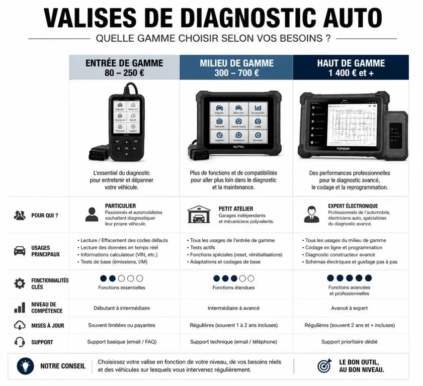 Comparatif des gammes de prix pour une valise diagnostic auto multimarque professionnelle