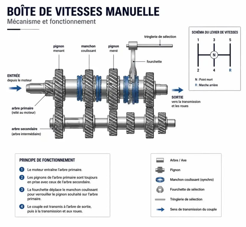 Schéma simplifié du mécanisme d'une boîte de vitesse manuelle pour comprendre la réparation de boîte de vitesse