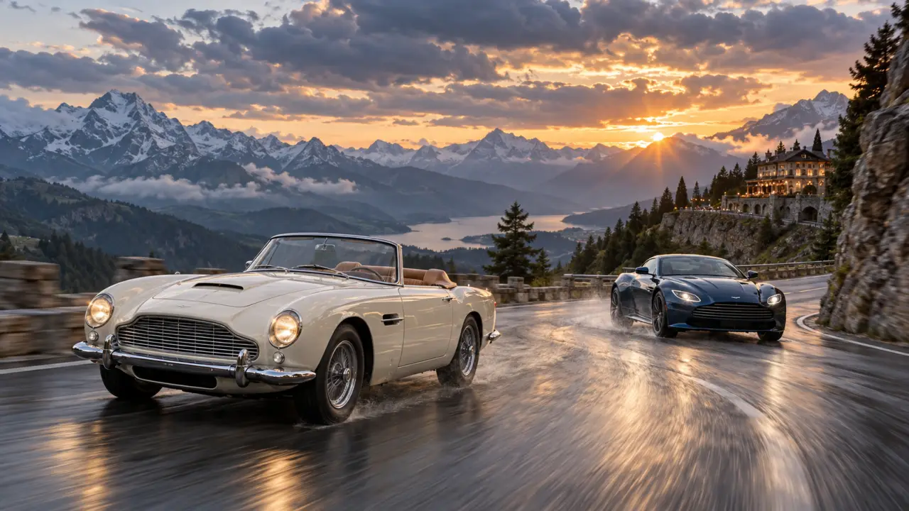 Cabriolet vintage sur une route côtière au coucher du soleil
