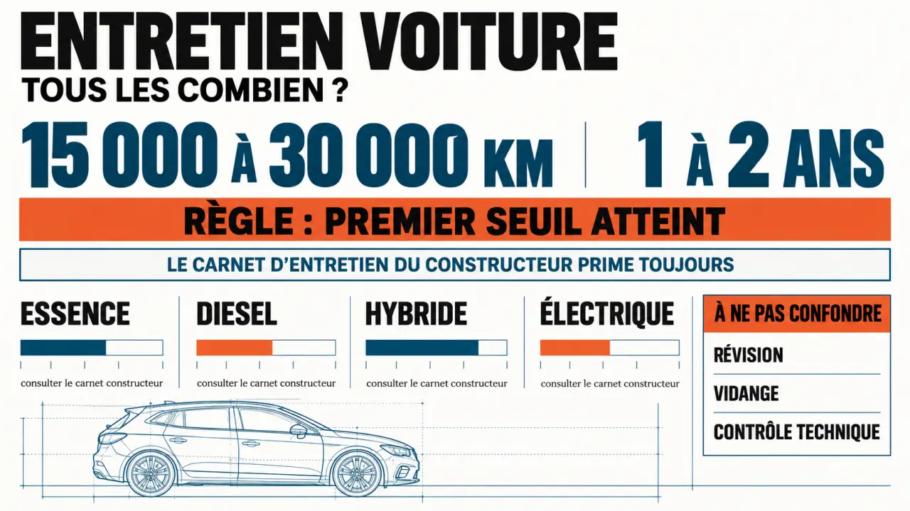 Infographie entretien voiture tous les combien selon le kilométrage, l’âge et la motorisation