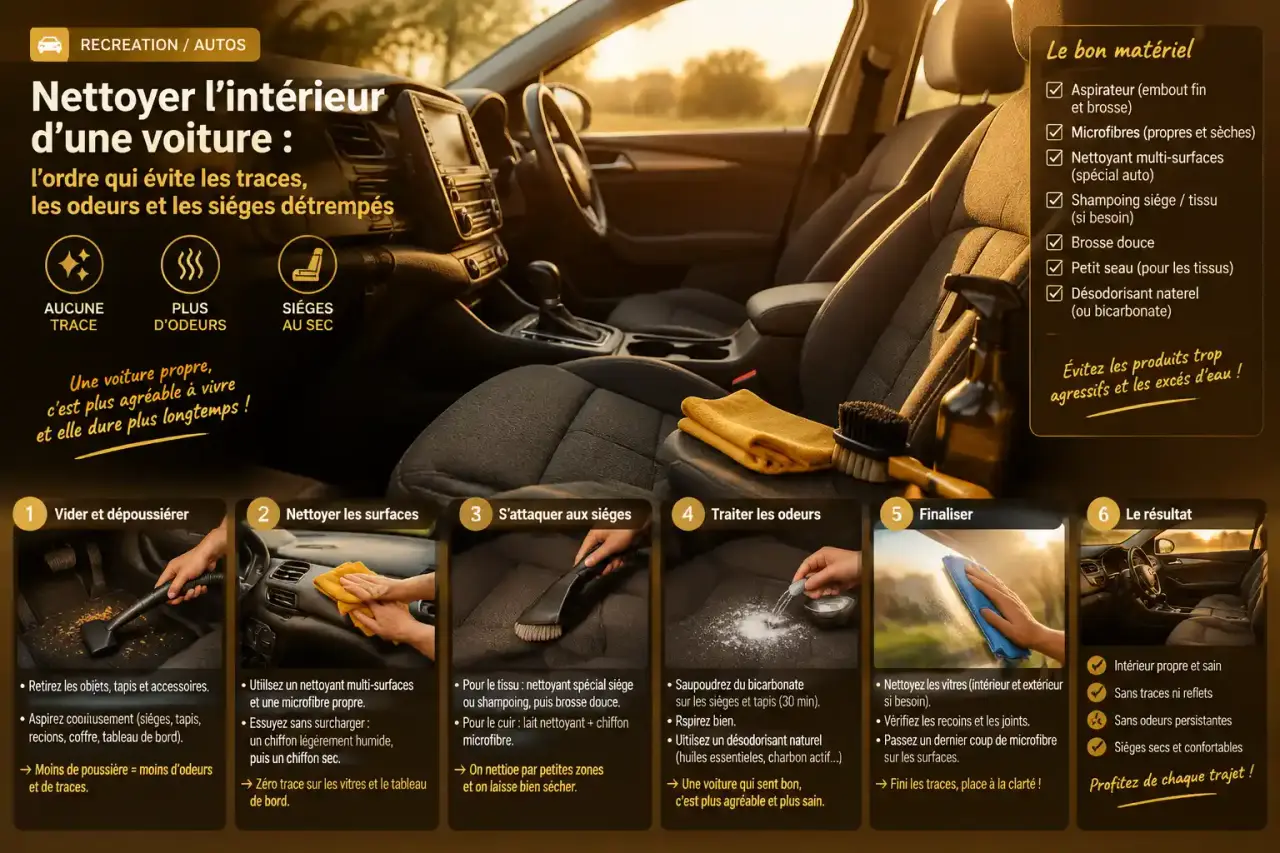 Nettoyer l’intérieur d’une voiture : l’ordre qui évite les traces, les odeurs et les sièges détrempés