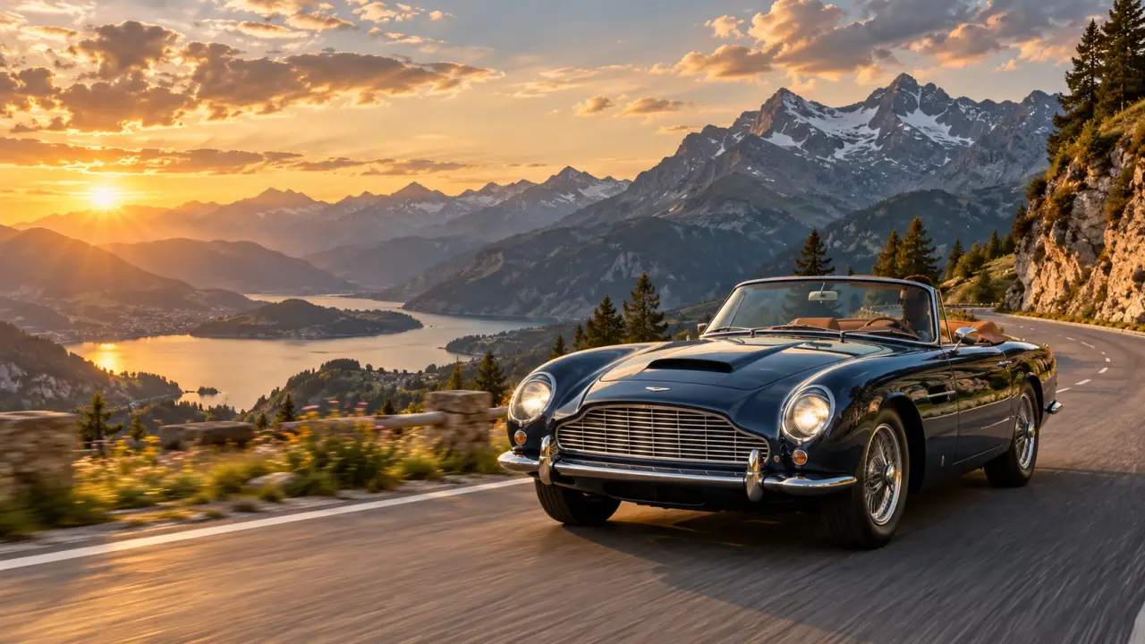 Cabriolet vintage sur une route panoramique au coucher du soleil