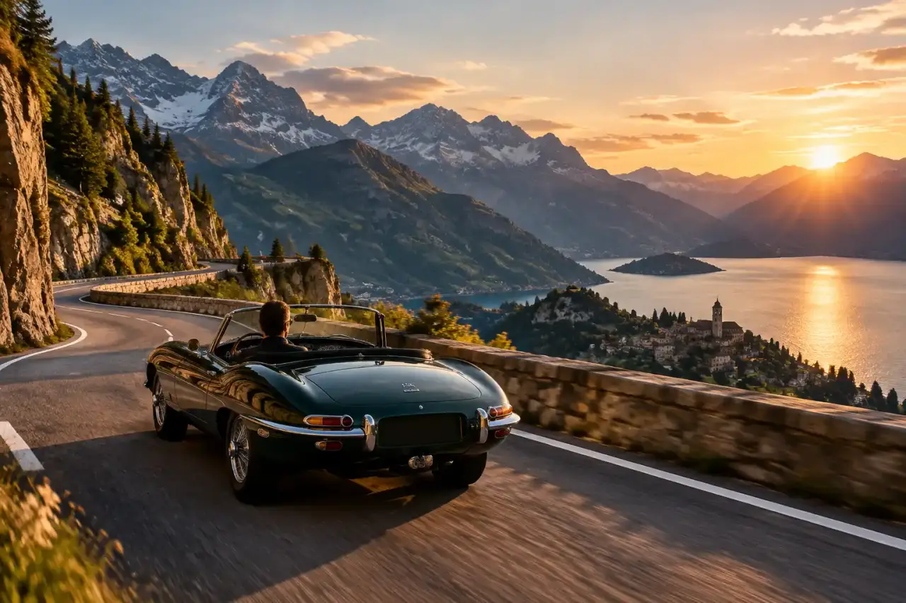 Coupé sportif élégant sur une route alpine bordée de sommets