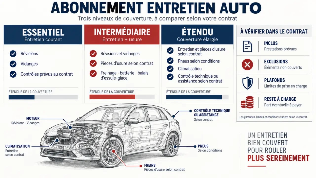 Abonnement entretien voiture : niveaux de couverture, prestations incluses et reste à charge