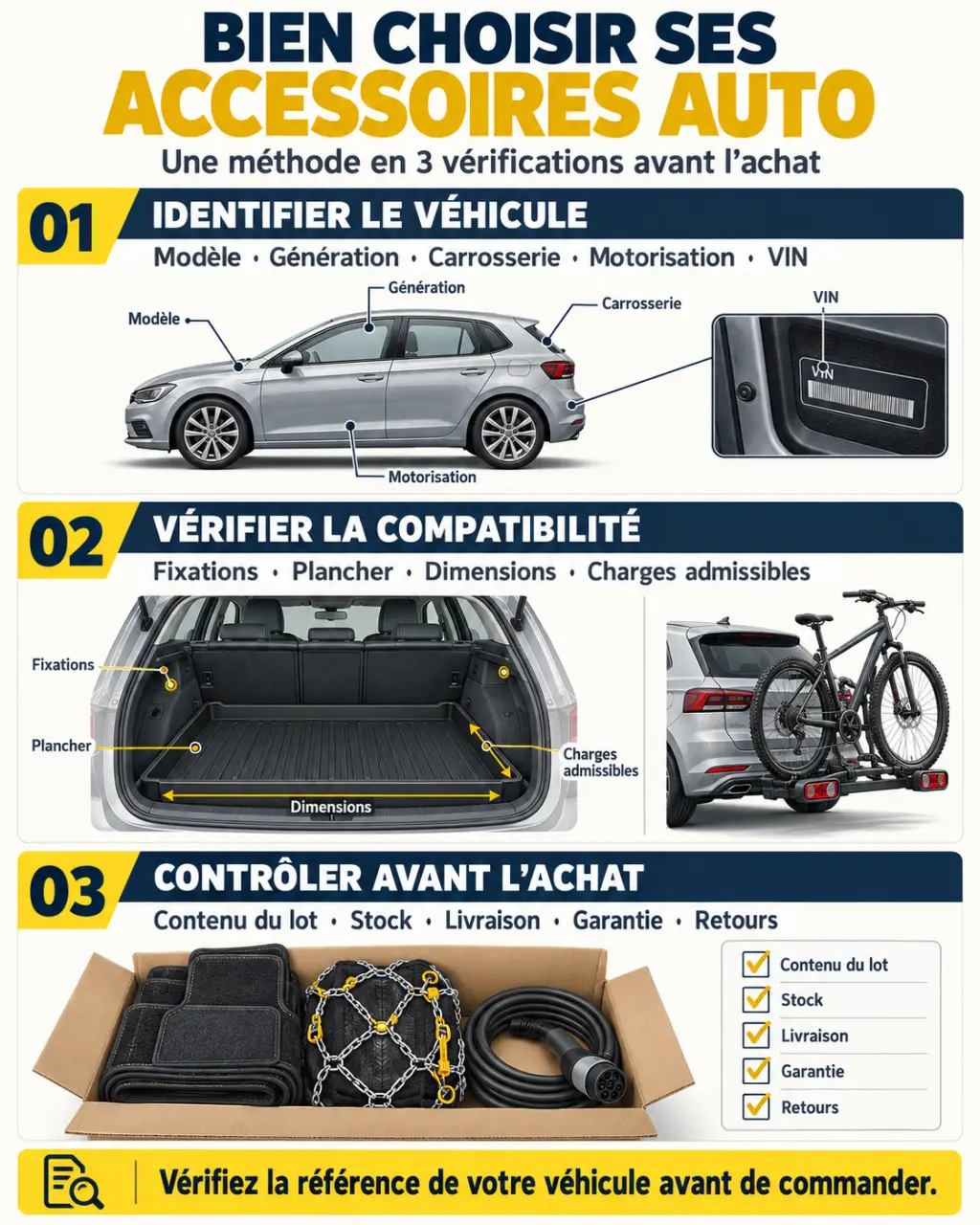 Infographie sur le choix des accessoires auto Opel et la vérification de la compatibilité