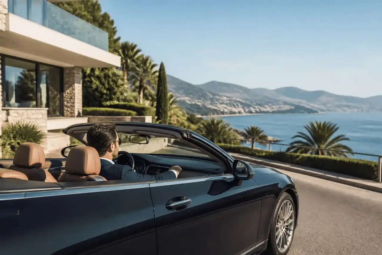Cabriolet de prestige sur la Riviera au coucher du soleil