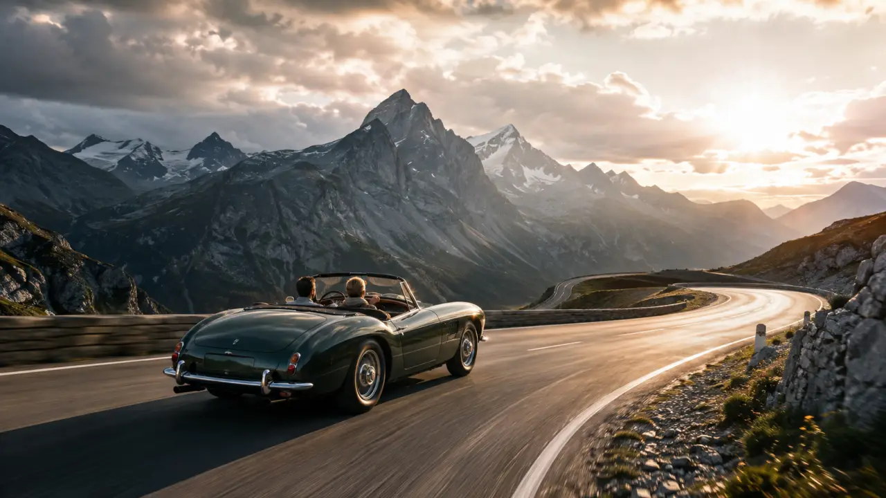 Cabriolet d’exception sur une route de montagne panoramique