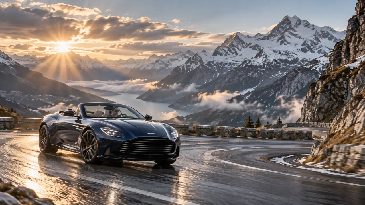 Cabriolet de prestige sur une route de montagne dans les Alpes