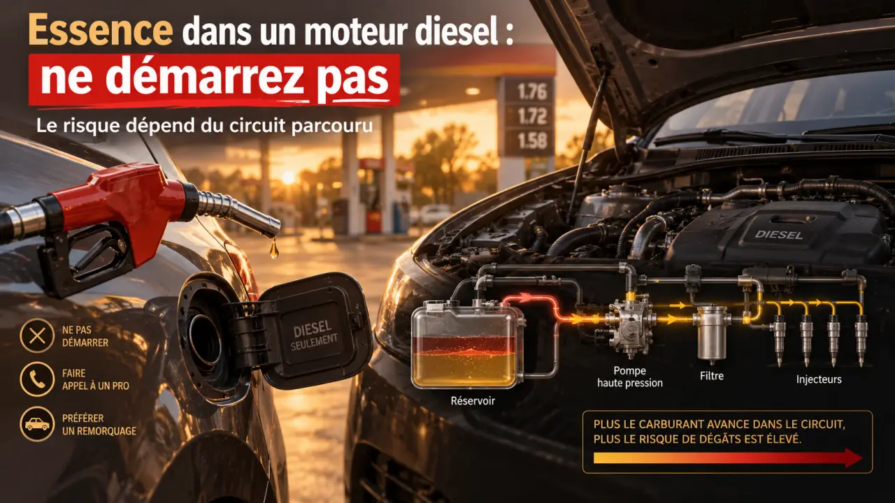 Essence dans un moteur diesel : ne démarrez pas, le risque dépend du circuit parcouru
