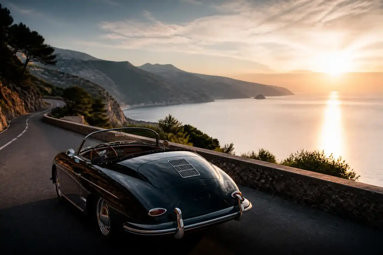 Cabriolet classique sur une route de corniche au coucher du soleil