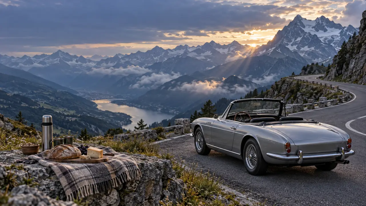 Coupé sportif élégant sur une route alpine au coucher du soleil