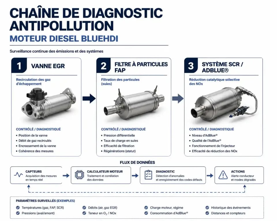 Schéma de la chaîne FAP EGR AdBlue diagnostiquée par une valise diag Peugeot