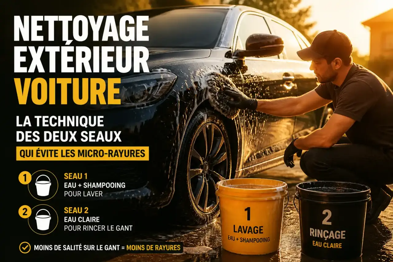 Nettoyage extérieur voiture : la technique des deux seaux qui évite les micro-rayures