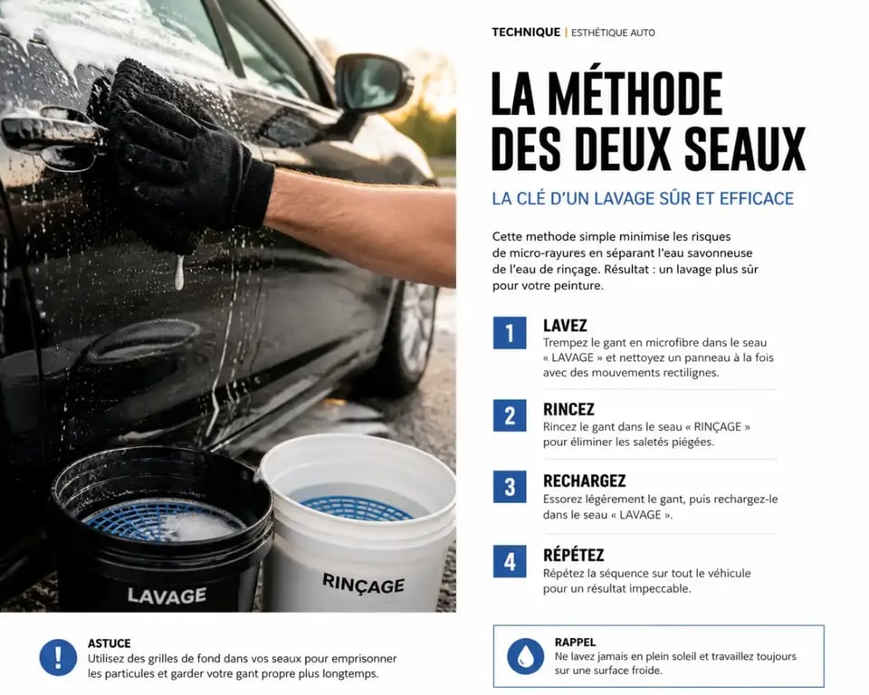 Technique du gant microfibre pour le nettoyage exterieur voiture avec méthode deux seaux