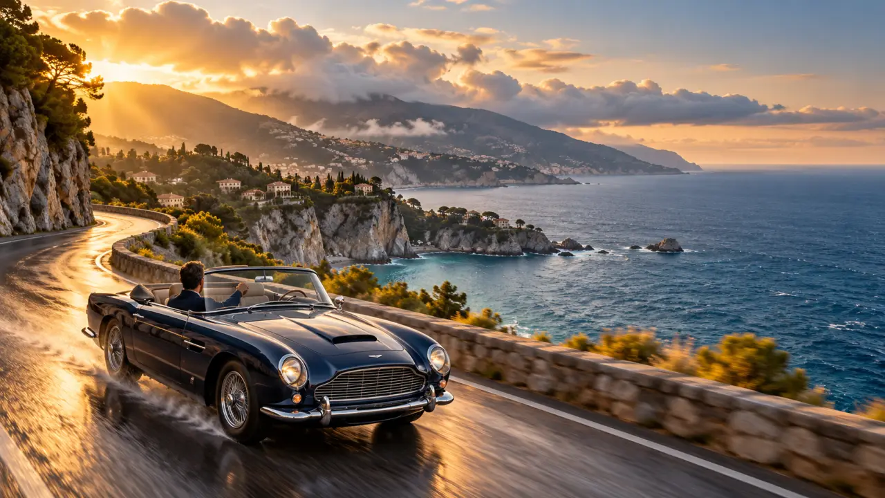 Cabriolet de prestige sur une route côtière au coucher du soleil