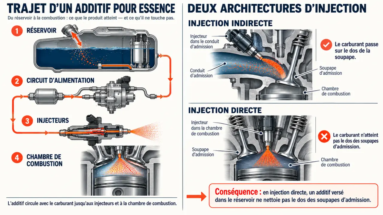 Infographie sur les additifs pour essence et leur trajet dans le circuit d’alimentation