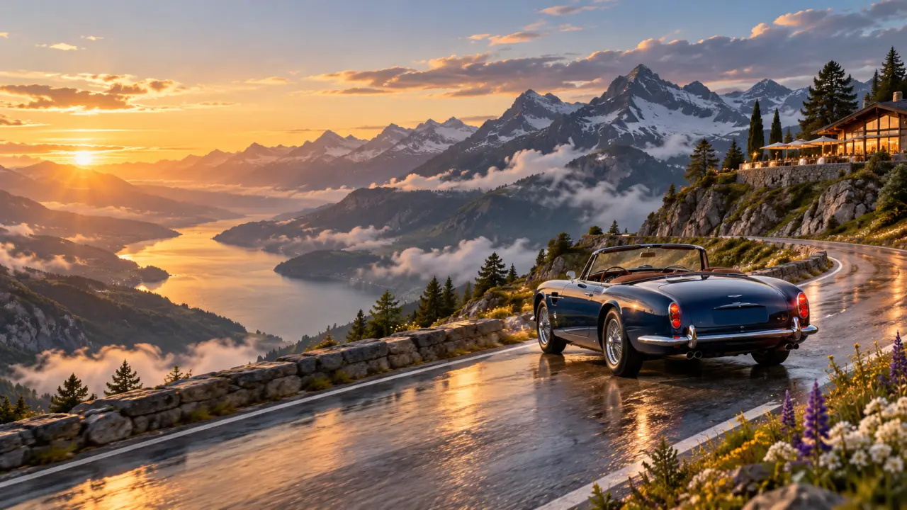 Voiture de sport élégante sur une route côtière au coucher du soleil