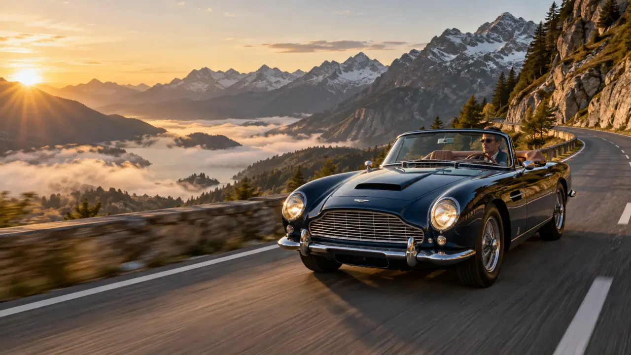 Cabriolet vintage sur une route alpine au coucher du soleil