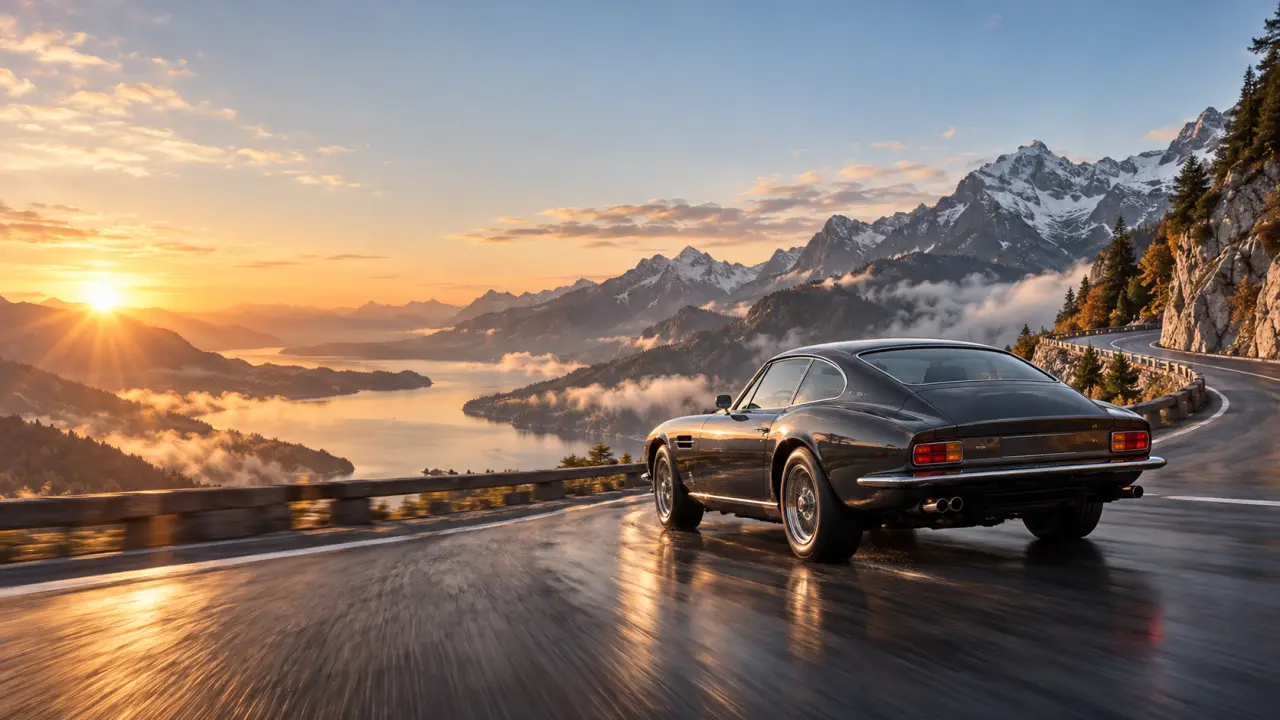 Voiture de sport classique sur une route côtière au coucher du soleil