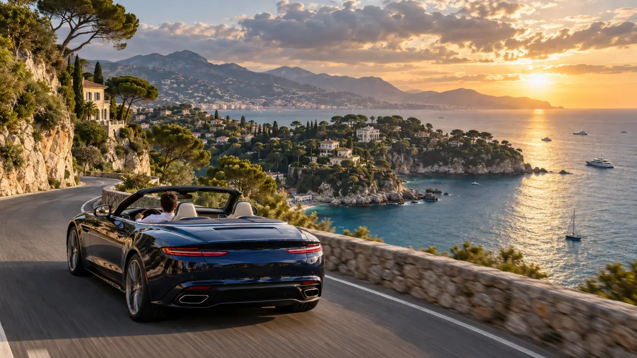 Voiture de prestige sur une route côtière de la Côte d’Azur au coucher du soleil