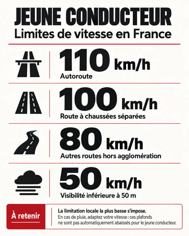Infographie sur la limitation de vitesse pour jeune conducteur : 110, 100, 80 et 50 km/h selon la route et la visibilité