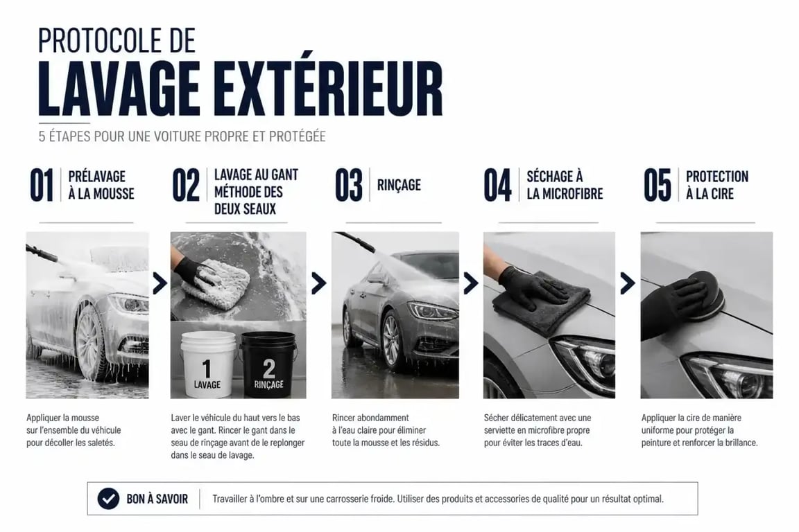 Étapes du nettoyage exterieur voiture : prélavage, lavage, rinçage, séchage et protection