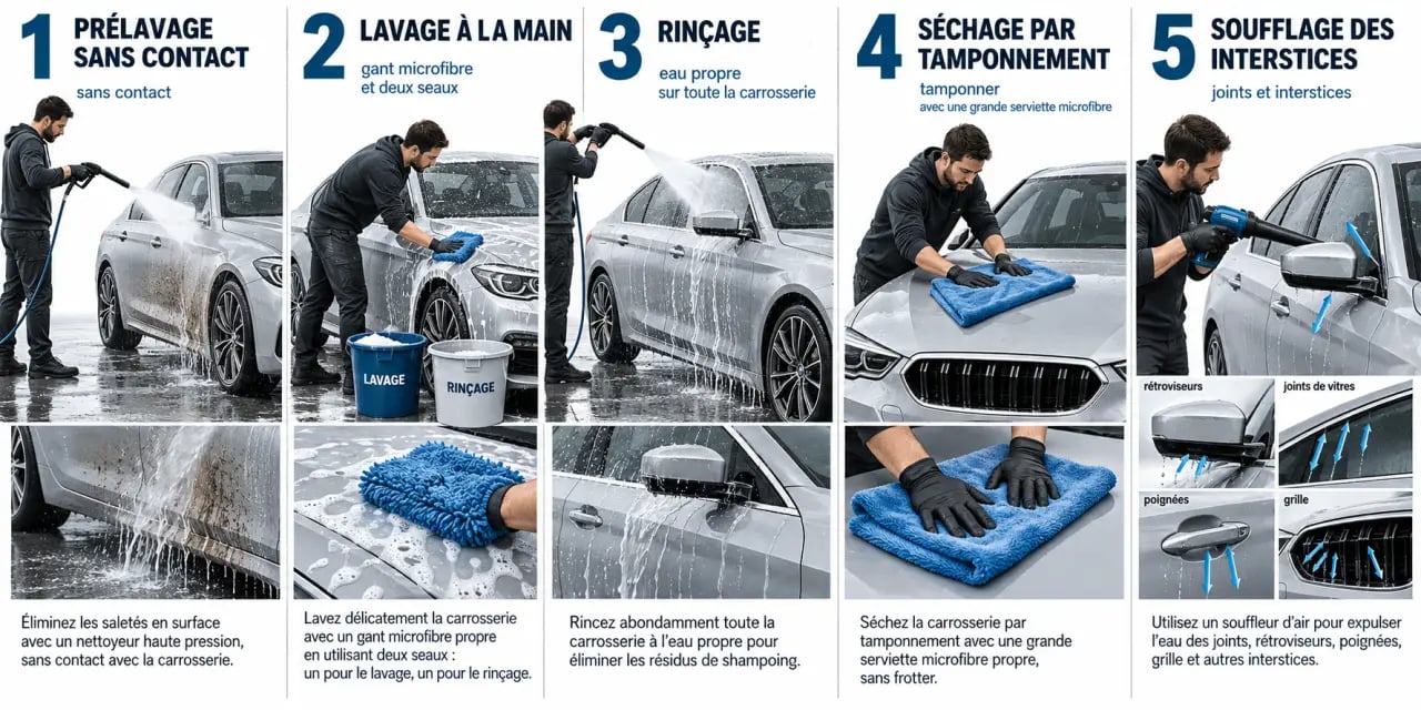 Étapes du nettoyage voiture avec le matériel de nettoyage voiture adapté
