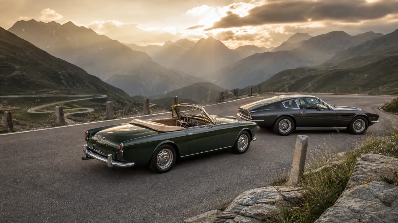 Voiture de sport classique roulant sur une route de col au coucher du soleil