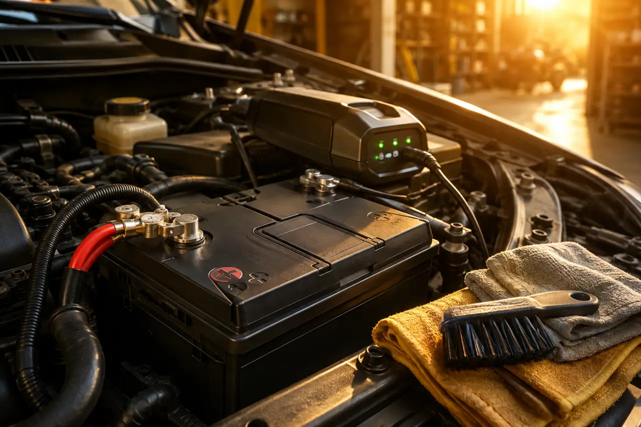 Batterie de voiture : cosses propres, charge maîtrisée et erreurs à éviter