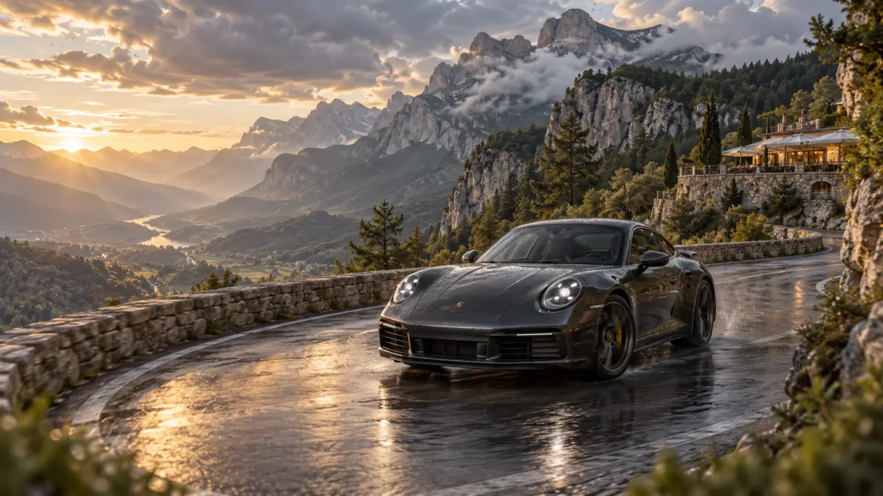 Porsche sur une route sinueuse de la Route Napoléon dans les Alpes françaises