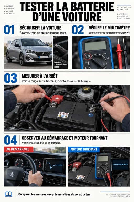 Infographie pour tester la batterie voiture avec un multimètre à l'arrêt, au démarrage et moteur tournant