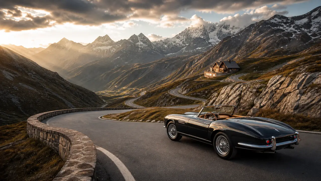 Voiture de sport élégante sur une route de montagne sinueuse au coucher du soleil