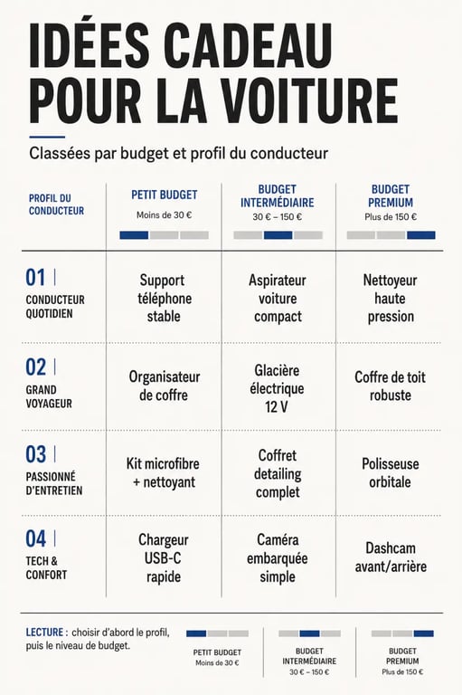 Cadeau pour la voiture : comparatif visuel des idées selon le budget et le profil