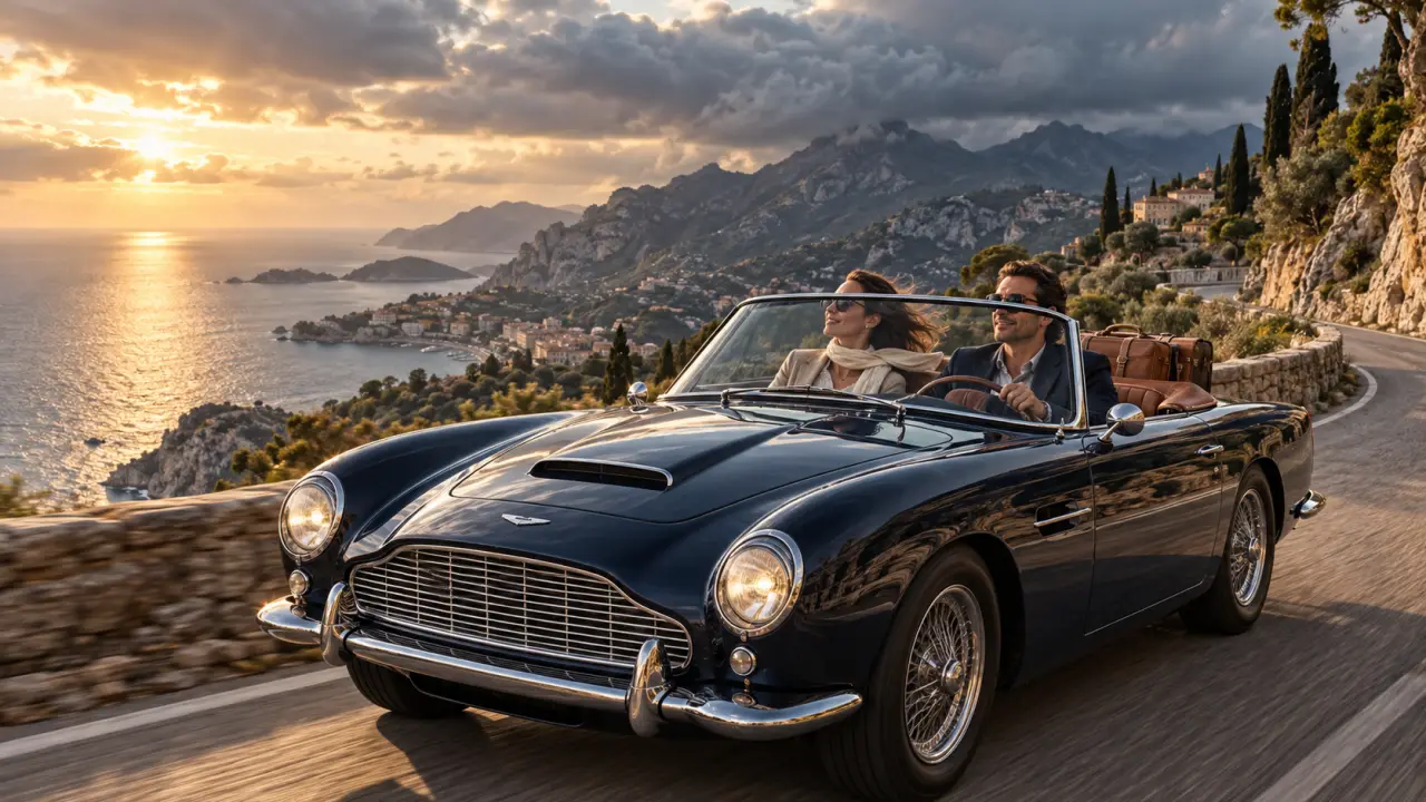 Cabriolet élégant roulant sur une route côtière au coucher du soleil