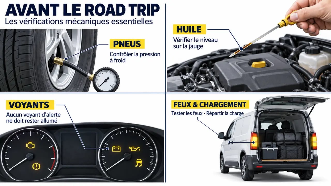 Infographie des vérifications mécaniques avant road trip : pneus, huile, voyants, feux et chargement