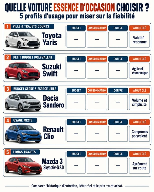 Infographie comparative pour choisir une voiture essence fiable d'occasion selon le budget et l'usage