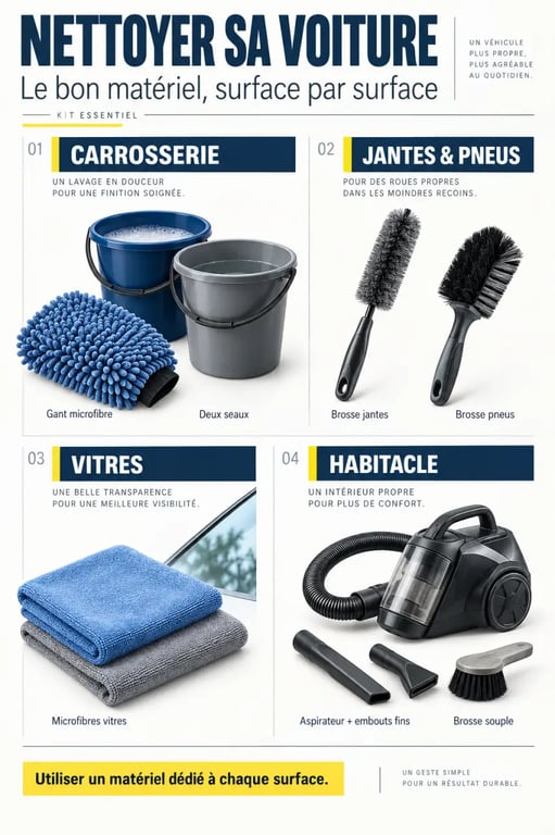 Matériel de nettoyage voiture adapté à chaque surface : carrosserie, jantes, vitres et habitacle