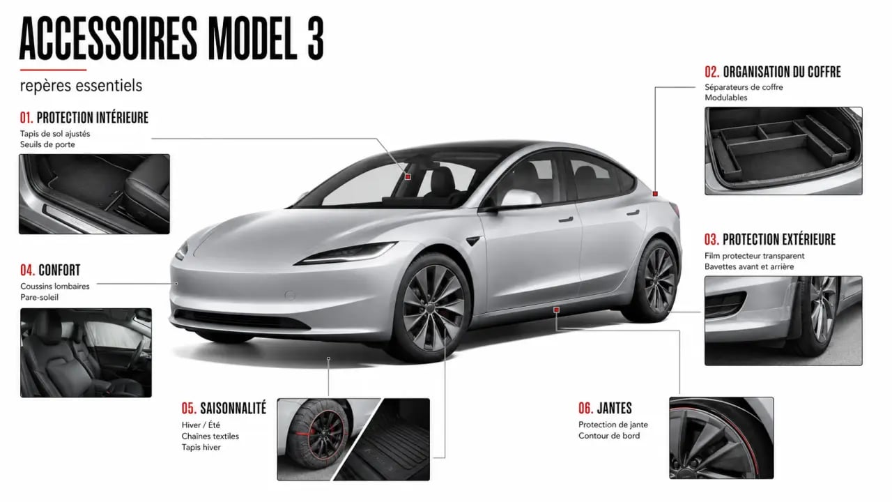 Accessoires Tesla Model 3 : vue éditoriale des principales catégories d’équipement autour d’une berline électrique