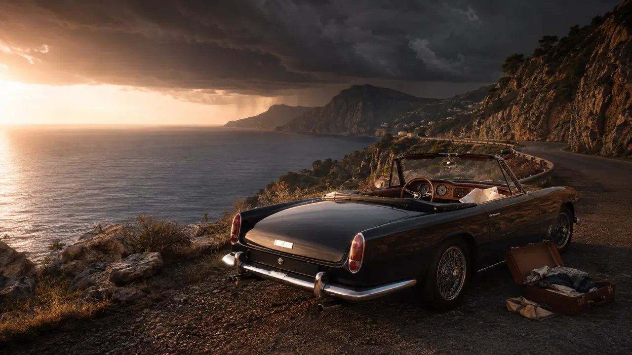 Cabriolet de luxe sur route côtière au coucher du soleil