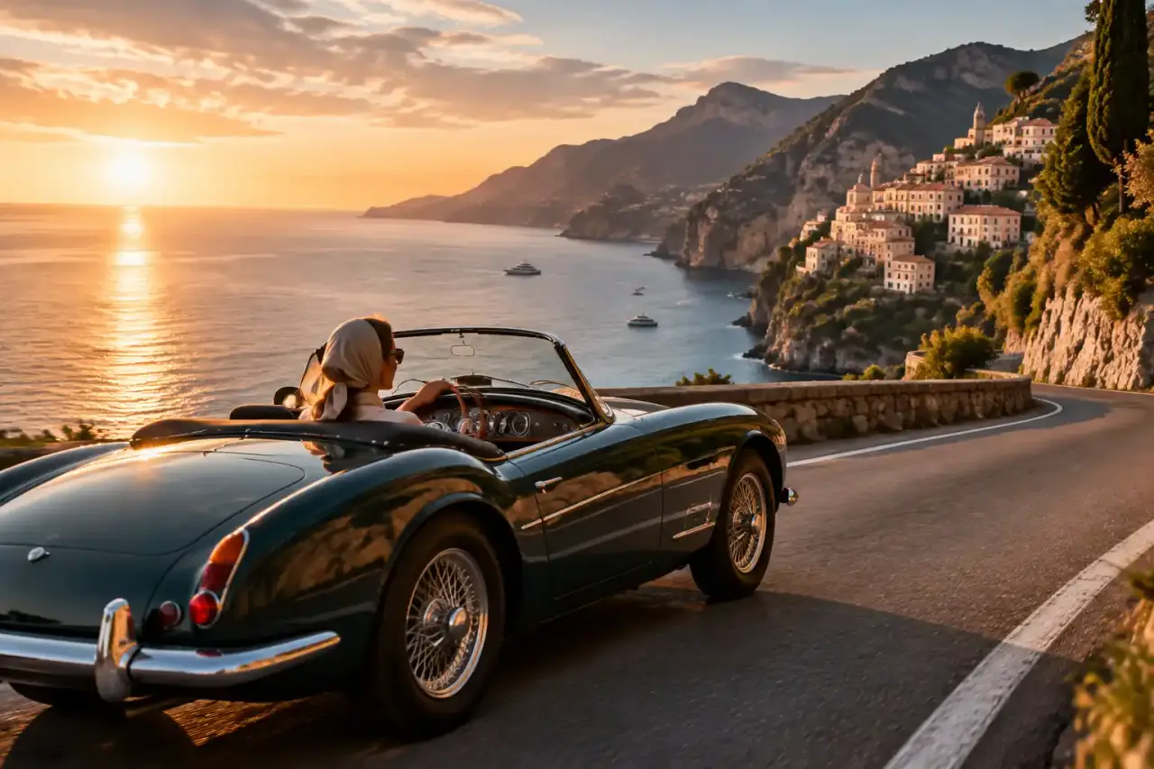Cabriolet vintage roulant sur une route côtière au coucher du soleil