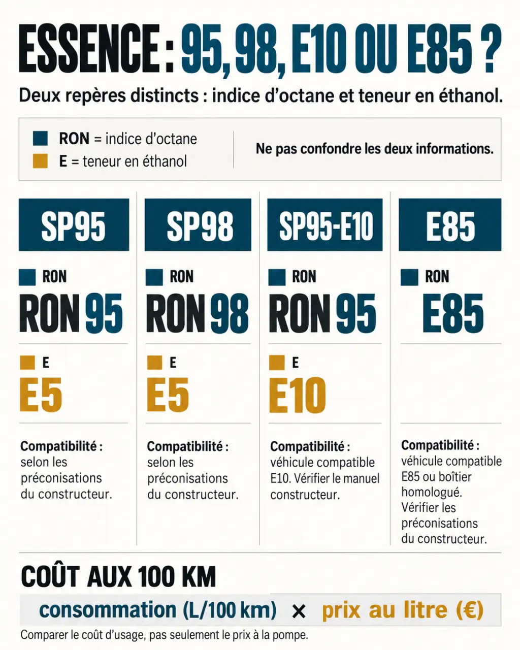 Essence 95 ou 98 : visuel comparatif des indices d'octane et de la compatibilité E5, E10 et E85