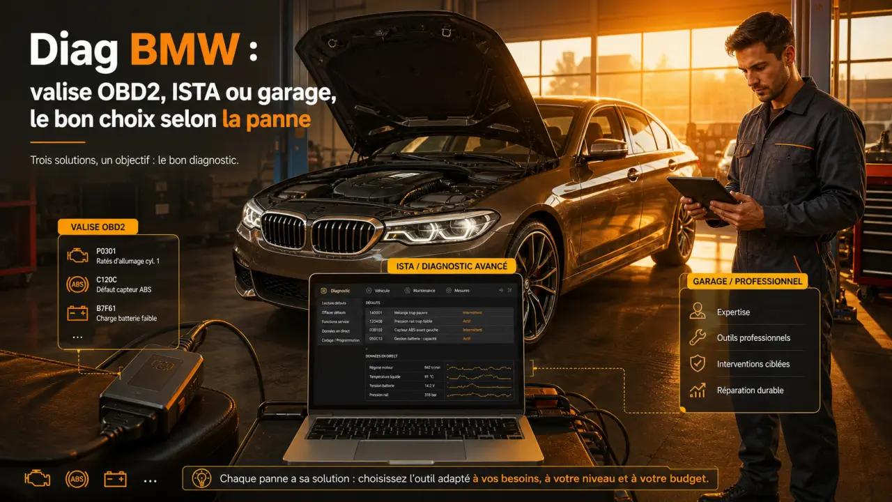 Diag BMW : valise OBD2, ISTA ou garage, le bon choix selon la panne