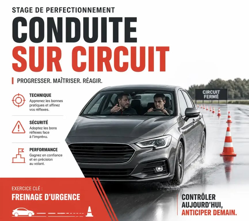 Stage de perfectionnement conduite sur circuit avec moniteur et exercice de freinage d’urgence