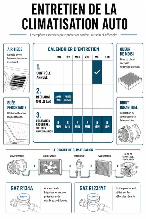 Infographie clim entretien voiture avec fréquence d’entretien, signes de panne et types de gaz