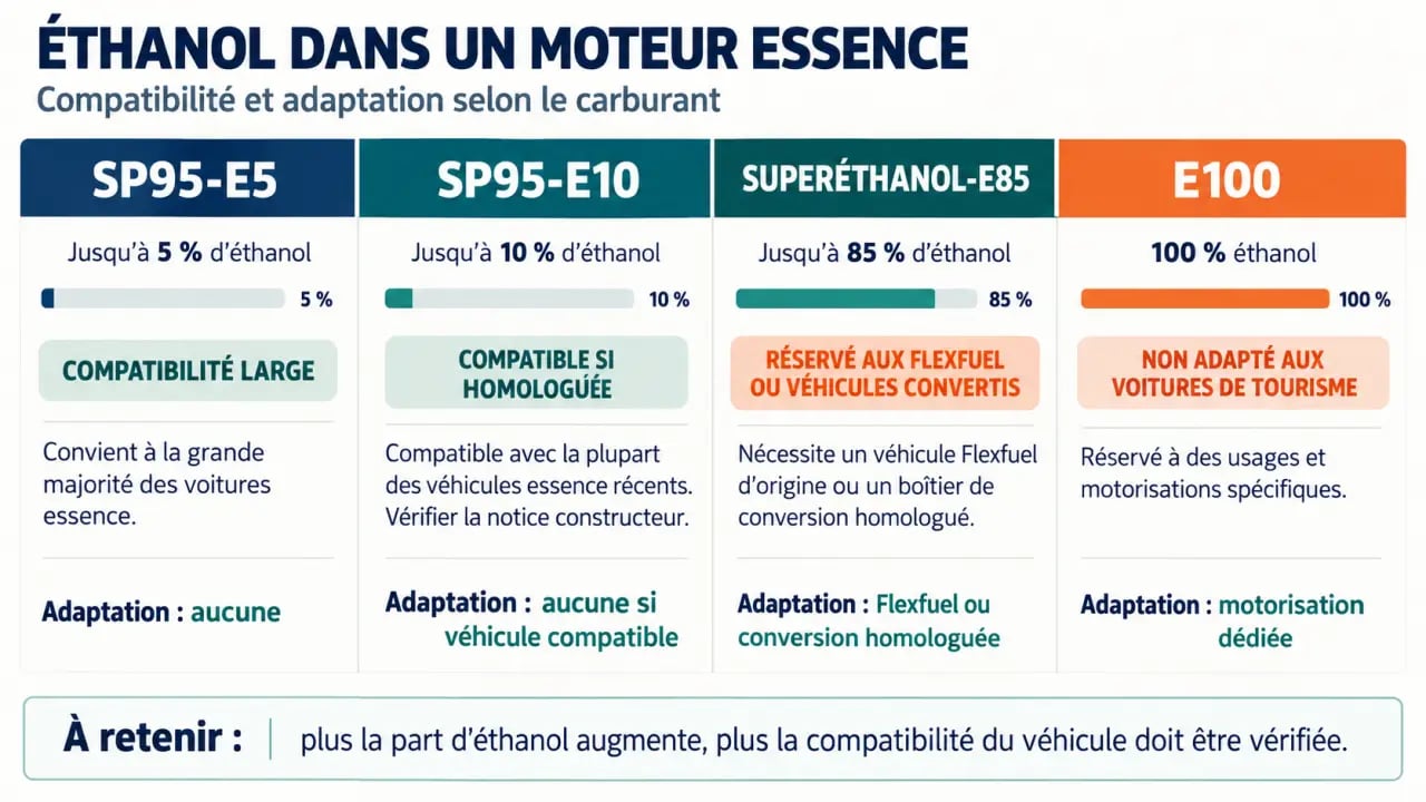 Infographie comparative sur l’éthanol dans un moteur essence : E5, E10, E85 et E100