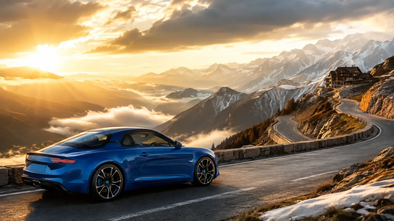 Alpine sur une route côtière au coucher du soleil